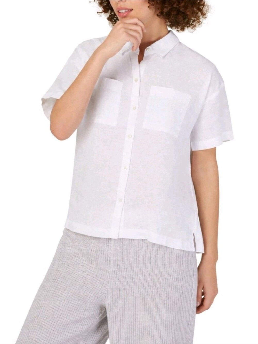 Eileen Fisher Organic Linen Shirt Button Down Short Sleeve White Pockets Size M